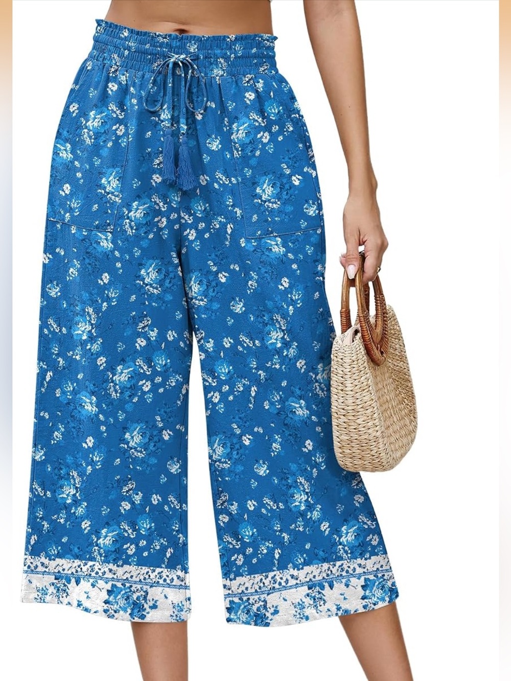 Linen High Waist Drawstring Palazzo Pants‎ Cropped w Pockets Floral Boho Medium